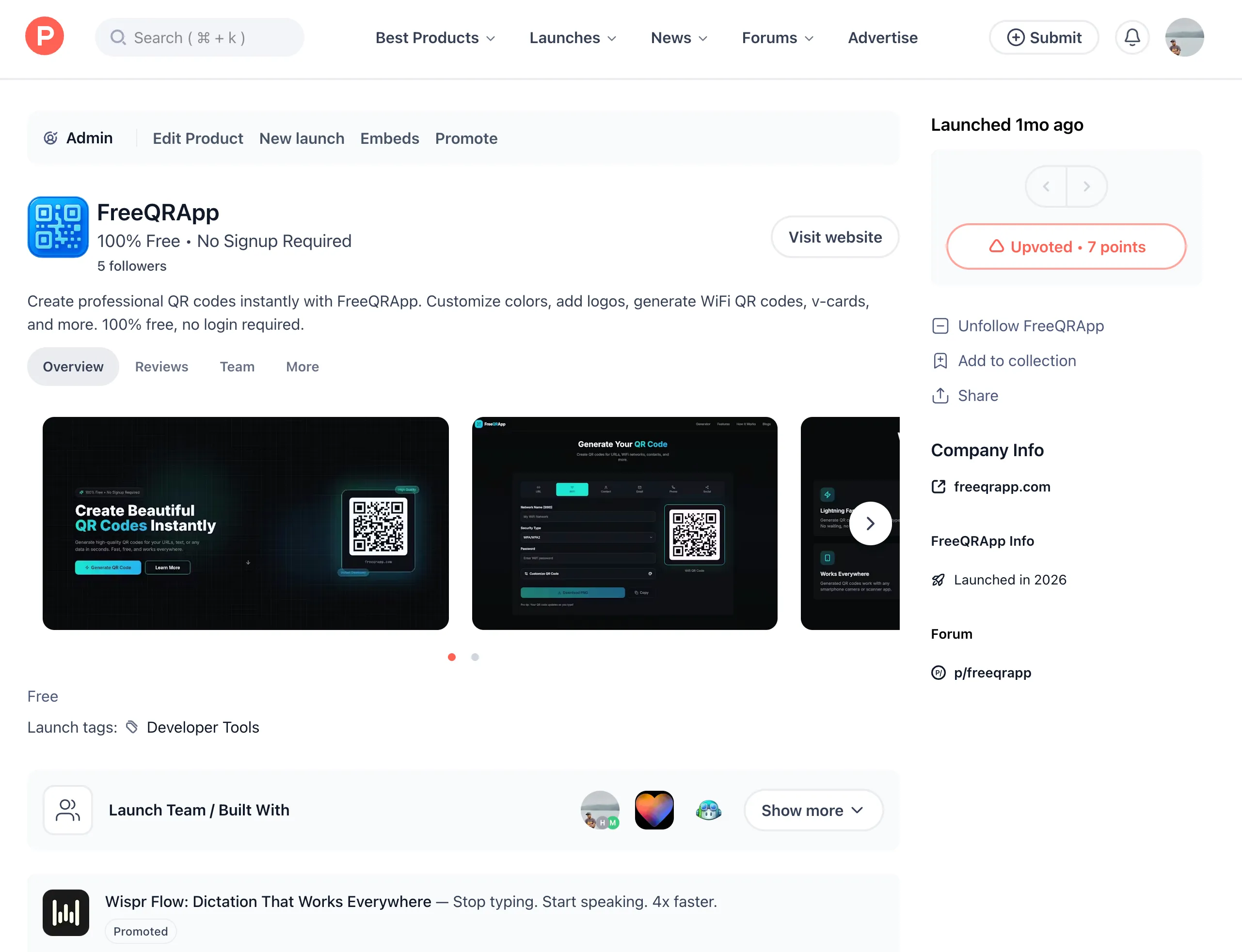 FreeQRApp on Product Hunt