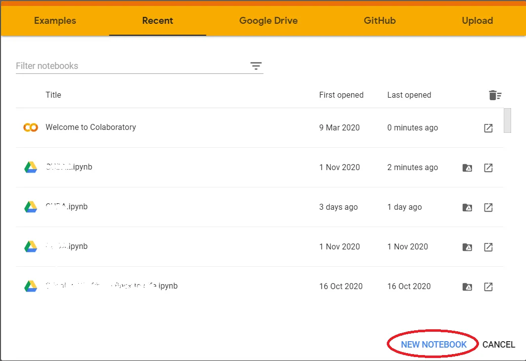 Google Colab project selection page